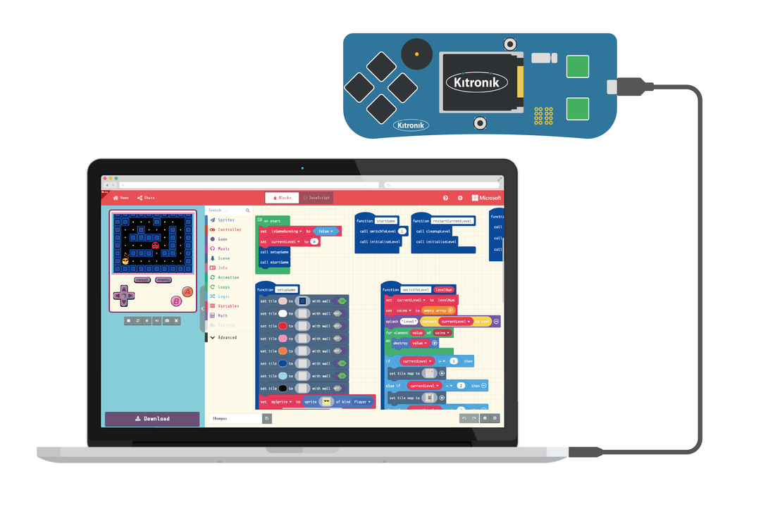 Kitronik Arcade educational interface connected to laptop for block programming through a web browser
