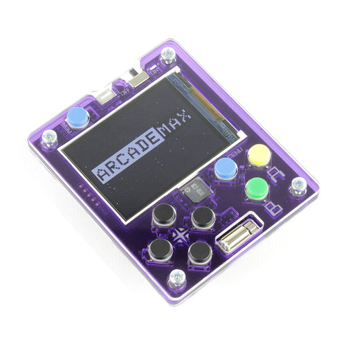 A purple Kitronik ARCADE Max for Makecode Arcade with a 2.4 inch screen, buttons, and a micro USB connector, housed in a clear protective case.