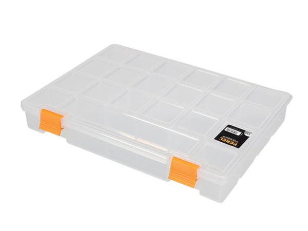 Organizer case, 21 fixed compartments, stackable, 276 x 203 x 42 mm, transparent/yellow