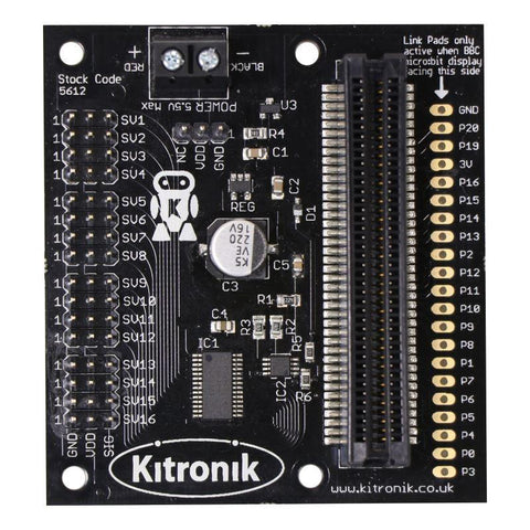 Kitronik 16 servo driver board for the BBC micro:bit, with 16 x micro 180 servos and battery cage