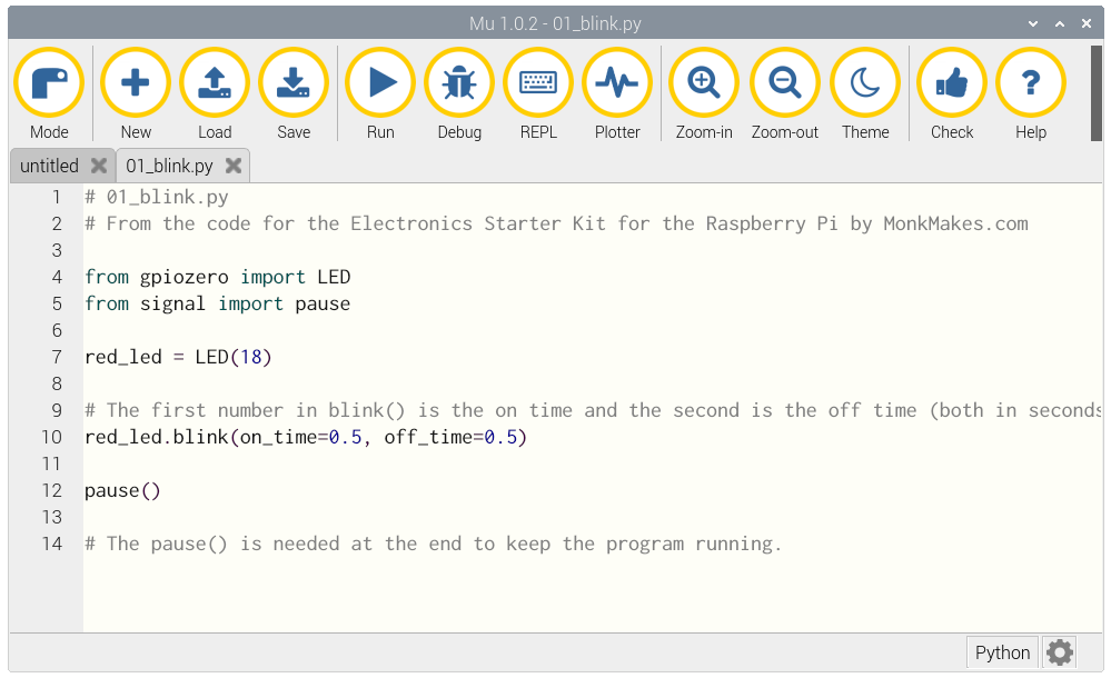 Example Raspberry Pi Box 1 code in mu editor
