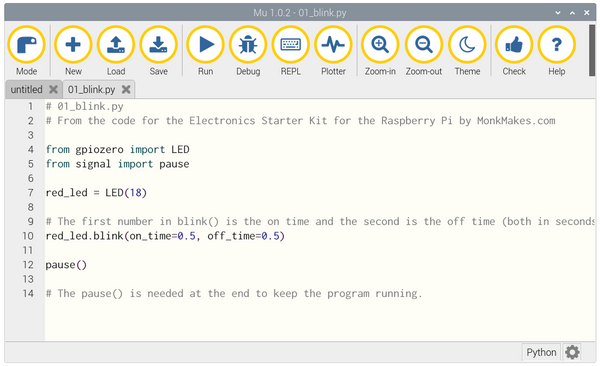 Example Raspberry Pi Box 1 code in mu editor